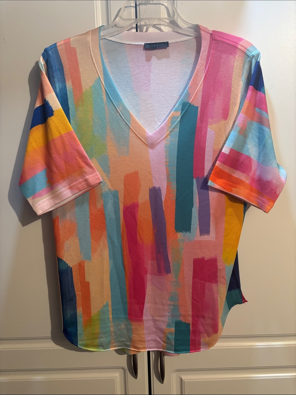 Nally & Millie Multicolor Brushstroke V-Neck Top - Pink, Blue, Yellow, Orange